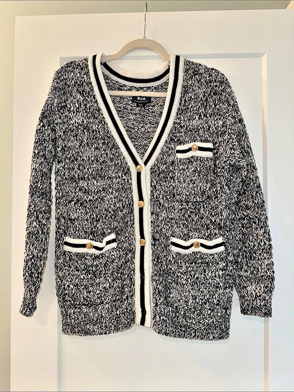 Maeve Contrast Trim Cardigan Black & White Small Like New